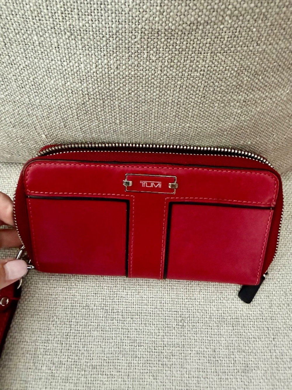 Tumi Large Red Leather Zip Around Clutch Wallet